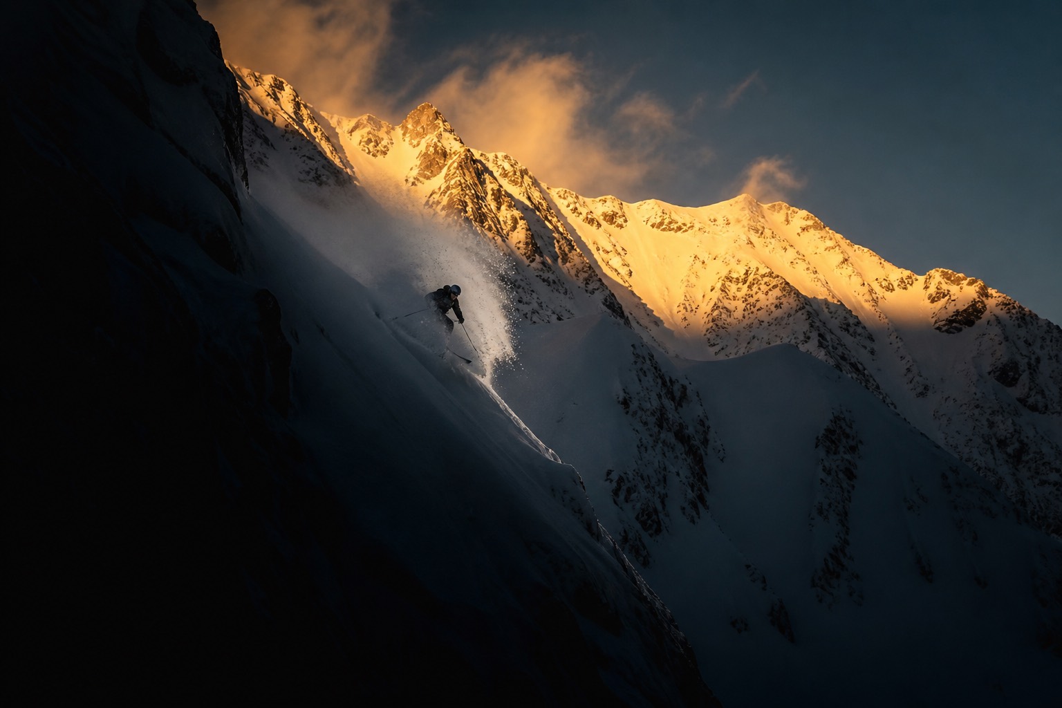 A skier dropping a steep alpine face at dawn, deep powder exploding off the skis